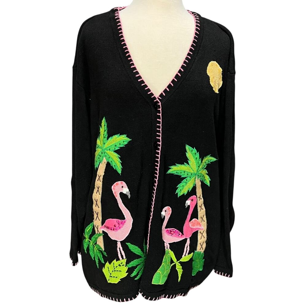 QUACKER FACTORY Funky Artsy Cardigan Sweater 3XL Flamingos Granny Teacher Cozy - Picture 1 of 9
